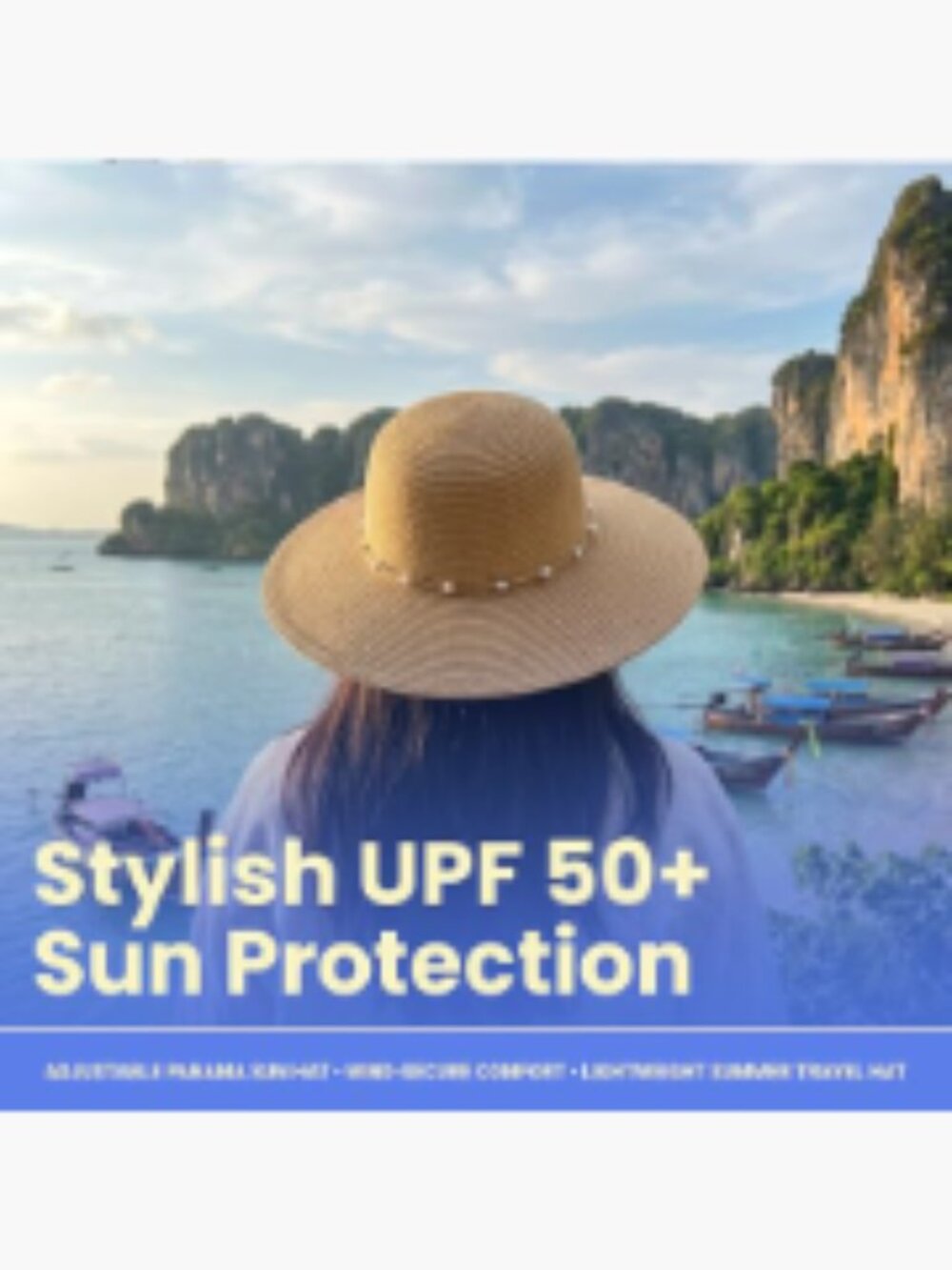 Wide Brim Packable Straw Sun Hat with Pearl Trim, UPF 50+ - Picture 2 of 7